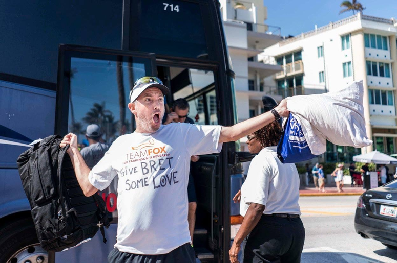 Bret getting off the bus for the marathon