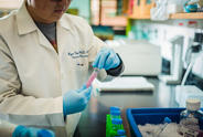 Scientist in lab holding up blood sample