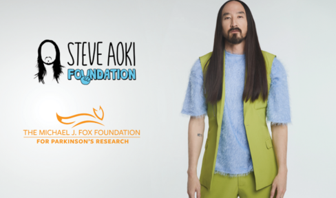 An image featuring the MJFF and Steve Aoki Foundation logo with Steve Aoki pictured on the right. 