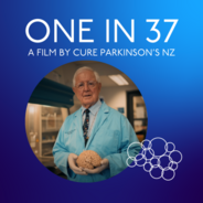 A scientist holds a brain with the text, "One in 37," above him. 