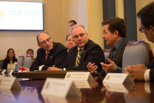 Michael J. Fox meets with bipartisan members of the House of Representatives on Capitol Hill in Washington, D.C., Tuesday, February 28, 2017.