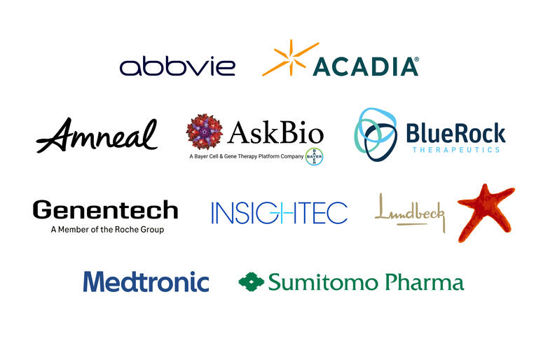 Logo block featuring sponsor names including AbbVie, Acadia, Amneal, AskBio, BlueRock Therapeutics, Genentech, Insightec, Lundbeck, Medtronic, and Sumitomo Pharma on a white background.