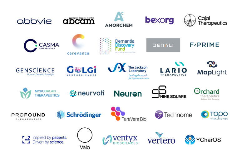 Grid of logos from the following companies: Abbvie, Abcam, Amorchem, Bexorg, Cajal Therapeutics, Casma Therapeutics Cerevance, Demetia Discovery Fund, Denali, F-Prime, Genscience Human Genetic Foresight, Golgi Neurosciences, The Jackson Laboratory, Lario Therapeutics, MapLight, Myrobalan Therapeutics, Neurvati, Neuron 23, Nine Square, Orchard Therapeutics, Profound Therapeutics, Schrodinger, TaraVera Bio, Technome, Topo Therapeutics, UCB, Valo, Ventyx Biosciences, Vertero and YCharOS.