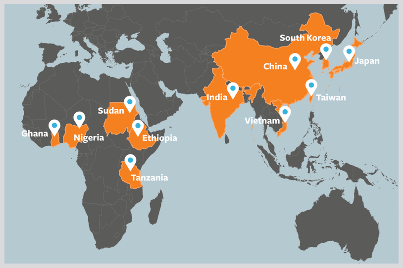 Map of Africa, East Asia and India where researchers are expanding genetic research for Parkinson's disease.