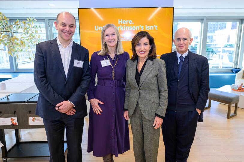From left to right: Andrew Baum, chief strategy and innovation officer at Pfizer; Debi Brooks, CEO and co-founder of The Michael J. Fox Foundation; New York Governor Kathy Hochul and Anthony Shorris, partner at McKinsey & Company. 