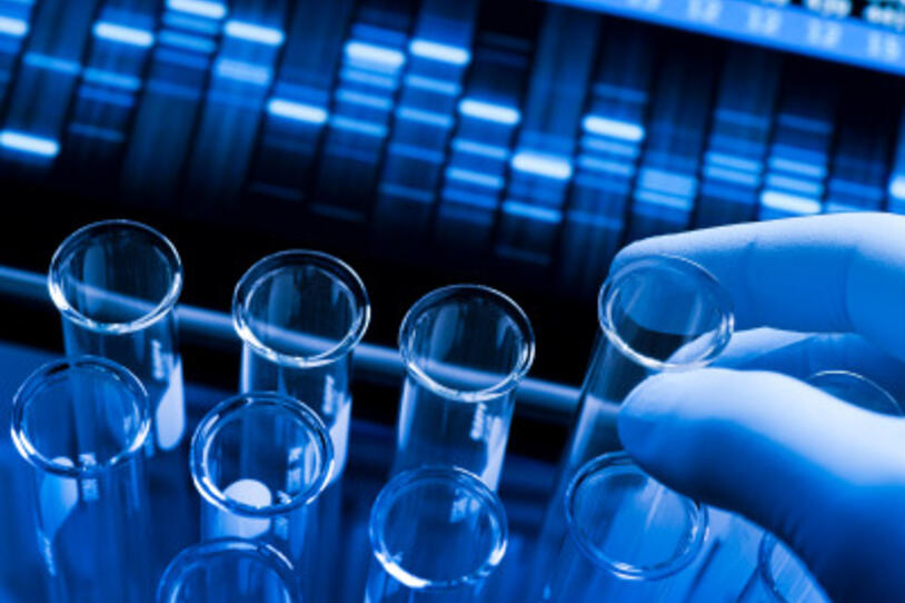 Gloved fingers holding a test tube in front of a genetic screening panel.
