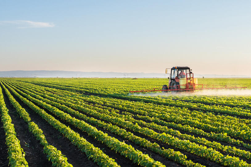 tractor sprays paraquat on crops