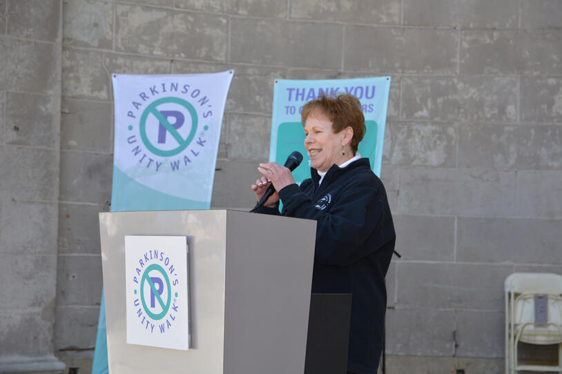 Carol Walton speaking at the Parkinson's Unity Walk