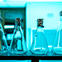 Four beakers lined up on a table in a lab.