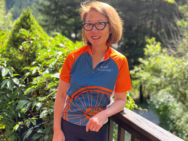 Woman in bicycle jersey